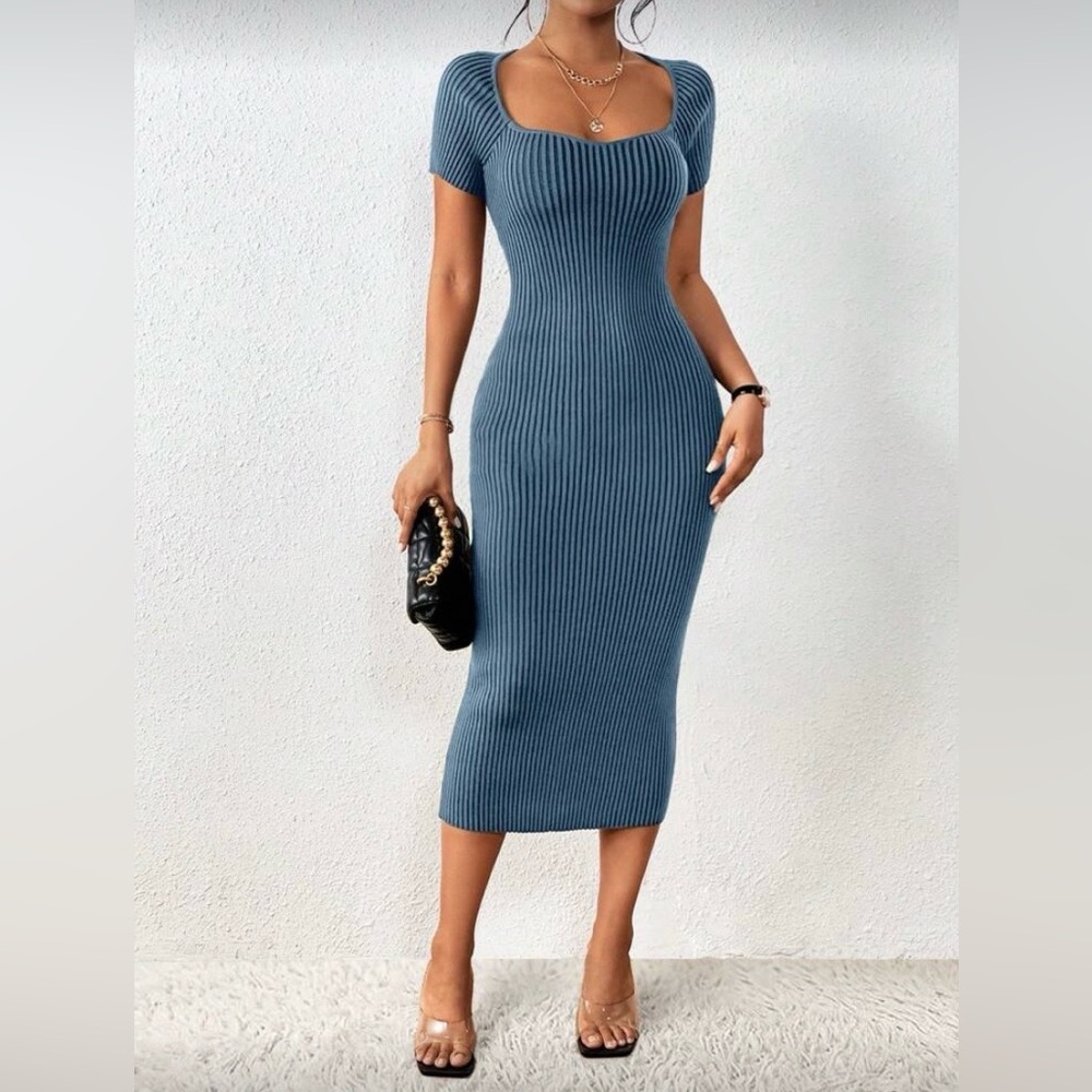 Blue Ribbed Knit Dress